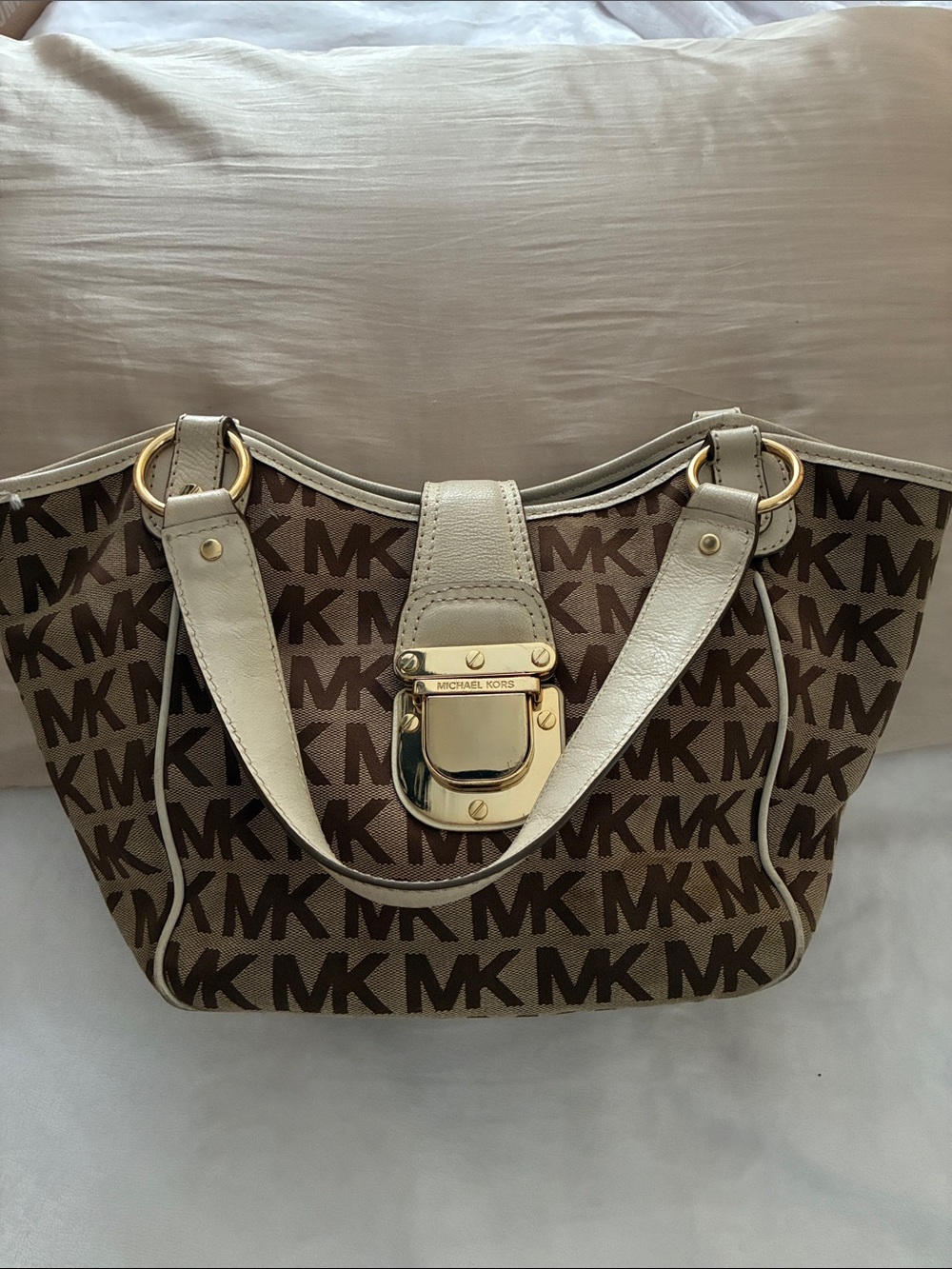 Michael Kors Brown MK Monogram Tote with Cream Trim and Gold Hardware